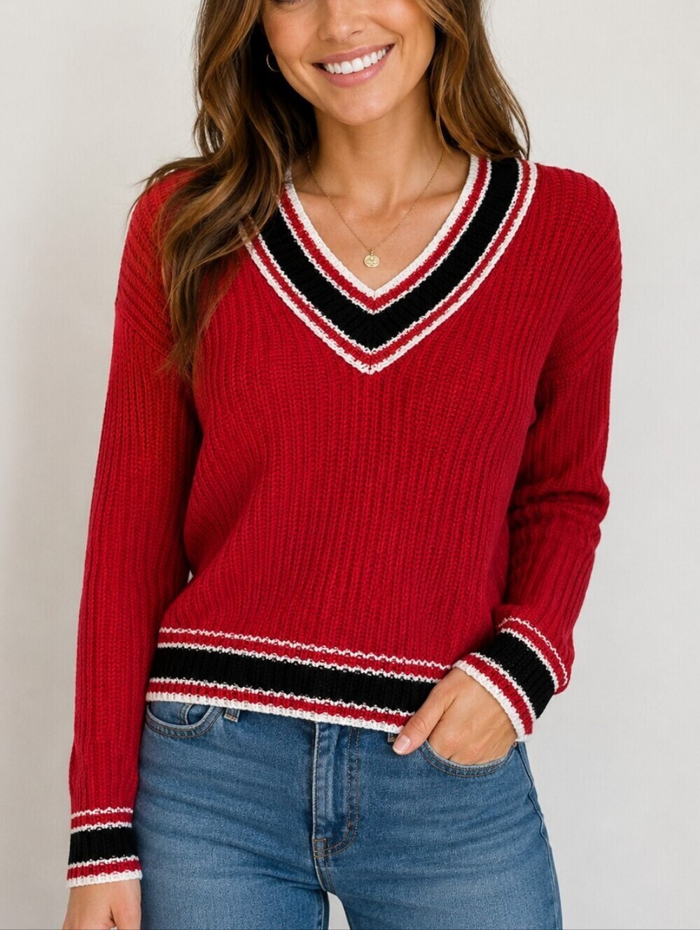 LOVE BY CHESLEY V-Neck Preppy Schoolgirl Varsity Sailor Tomato Red Sweater